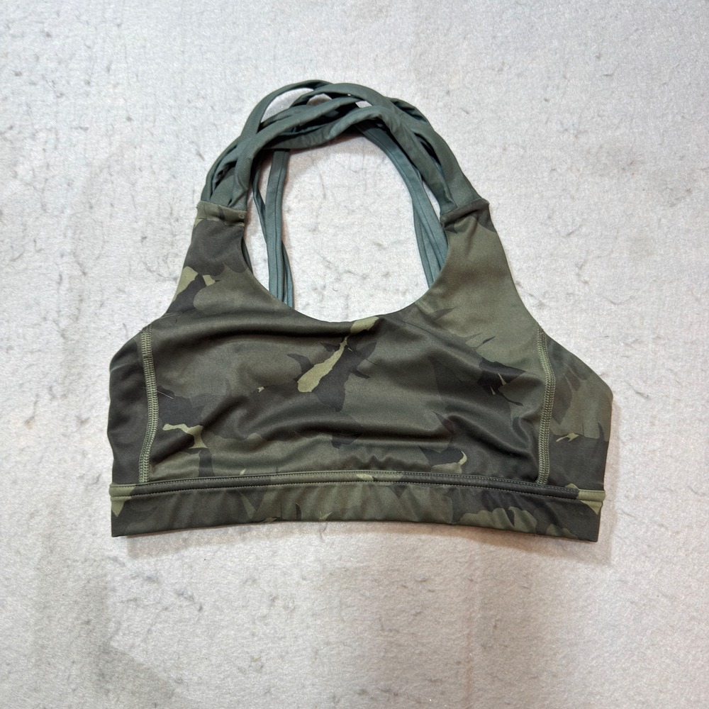 Unbranded Sports Bra Womens S Green Camo Strappy Back Medium Impact Activewear